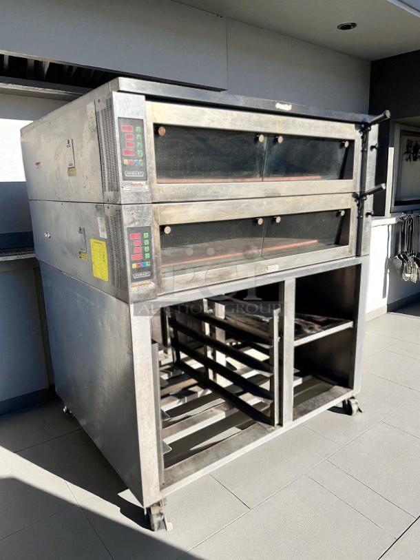 Hobart HWD03D-4 Double Deck Electric Deck Oven with stand, 208V, 10.7kW, outstanding condition, fully tested, control panels visible.