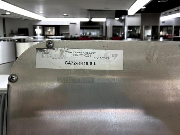 Lockwood CA72-RR18-CD-R display cabinet, 18 pan capacity, clear door, great condition, rolls smoothly, label shows NSF.