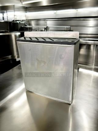 Cozzini Bros 12" stainless steel knife rack, excellent condition, featuring ready-to-use slots, branded with Cozzini logo.