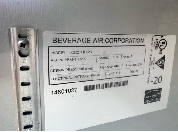 Beverage-Air UCR27HC-23 label, features R290 refrigerant, 115V, tested and working, great condition. UL listed, Energy Star certified.