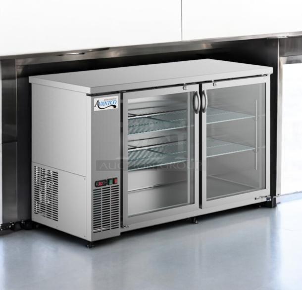 Avantco UBB-48G 48" Glass Door Back Bar Refrigerator, great condition, tested, working, double glass doors, metal shelving.