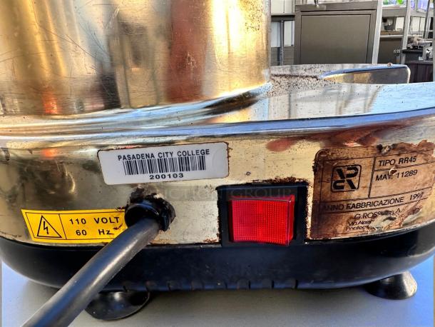 Conti RR45 commercial coffee grinder, 110V, stainless steel with visible labels, serial number MA11289, well-maintained condition.