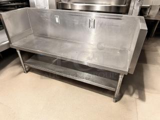 Stainless steel commercial work table with undershelf, 65"x24"x40", features two electrical outlets, excellent condition.