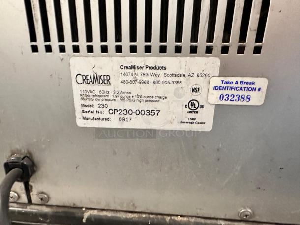 CreaMiser Model 230 cold brew dispenser label, showing serial CP230-00357, 110V, NSF and UL listed, great condition.