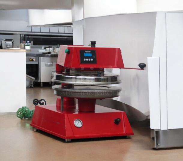 Proluxe DP2300 dough press in excellent condition, red, 208V, fully tested, with control panel and pressure gauge visible.