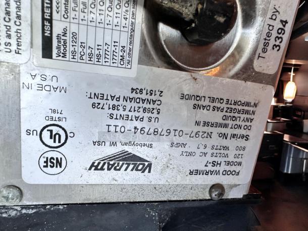 Vollrath Cayenne HS-7 Round Food Warmer, 7 Qt, 120V, great condition. Label shows model, serial number, UL and NSF marks.