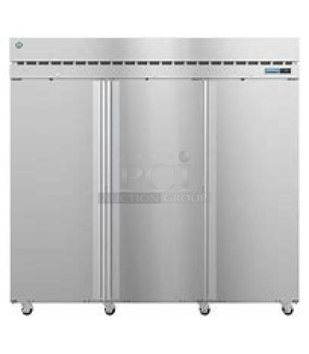 New Hoshizaki 3-door stainless steel refrigerator, Model R3A-FS, with 9 racks on casters. Dimensions 85x33.5x79.5.