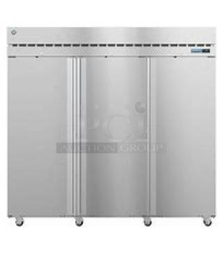 New Hoshizaki 3-door stainless steel refrigerator, Model R3A-FS, with 9 racks on casters. Dimensions 85x33.5x79.5.