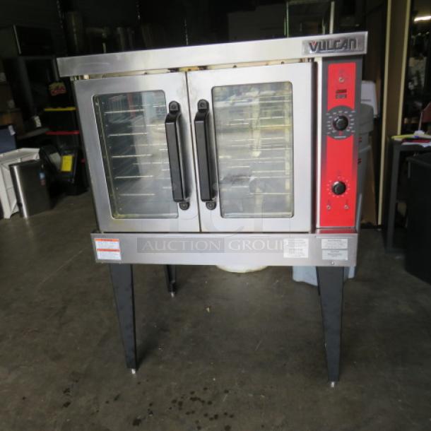 Vulcan full-size electric convection oven, model VC4ED-11D1, with 5 racks. 208V, 3-phase. Features dual glass doors and red control panel.