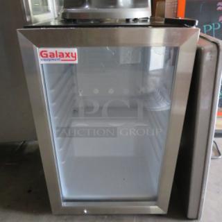 Galaxy countertop glass door display cooler, model 177CRG3B, 120V, 17x19x27 inches. Features glass front and Galaxy branding.