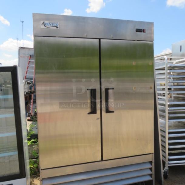 Avantco 2-door stainless steel refrigerator, model 178A49RHC, with 6 racks on casters. Measures 54"x32.5"x82", 115V.