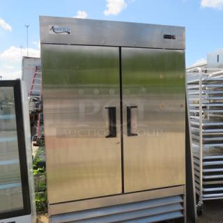 Avantco 2-door stainless steel refrigerator, model 178A49RHC, with 6 racks on casters. Measures 54"x32.5"x82", 115V.