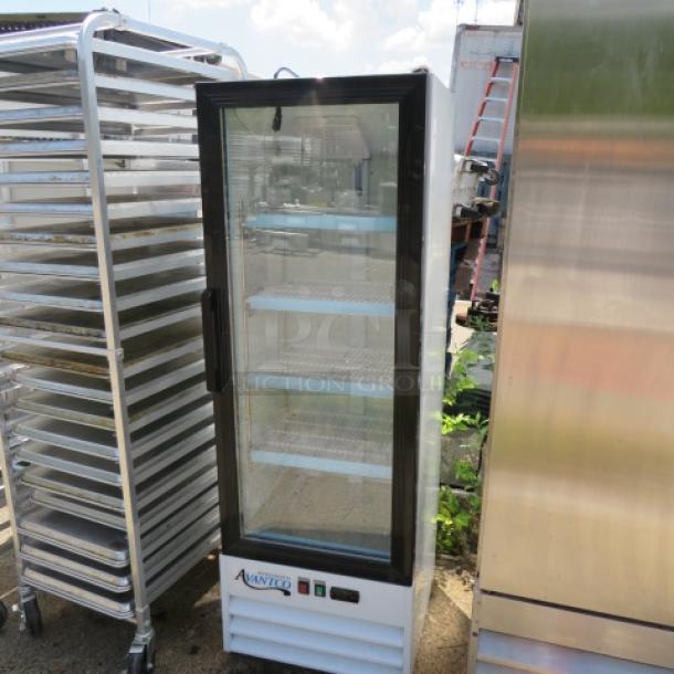Avantco 1 Door Glass Display Cooler, Model 178GDC10HCW, with 4 racks, 115 Volt, in working condition, 21x24x62.5 inches.