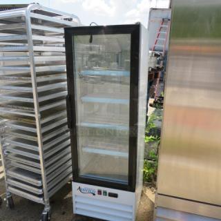 Avantco 1 Door Glass Display Cooler, Model 178GDC10HCW, with 4 racks, 115 Volt, in working condition, 21x24x62.5 inches.