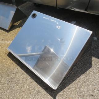 Stainless steel wall mount shelf with brackets, dimensions 24x18x10 inches, slightly scuffed surface, excellent for storage.