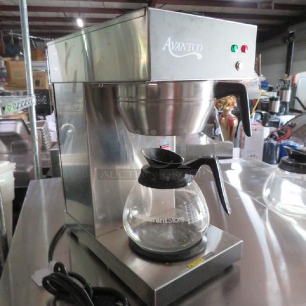 Avantco coffee brewer model R6G100P1 with filter basket and pot, 120V, stainless steel, good condition.
