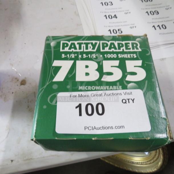 Box of Patty Paper, 5.5x5.5 inches, 1,000 sheets, microwavable. Marked "7B55" and "PCI Auctions."
