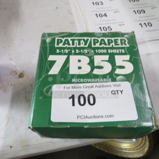 Box of Patty Paper, 5.5x5.5 inches, 1,000 sheets, microwavable. Marked "7B55" and "PCI Auctions."