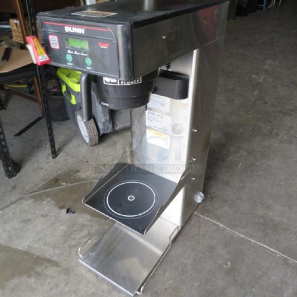 Bunn Infusion Brewer with Filter Basket, Model ITCB-DV29, stainless steel, used. Dimensions: 12x22x34 inches.