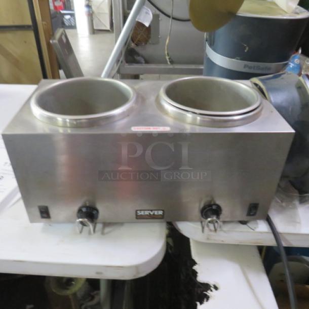 Server Twin Warmer, Model TWIN FS, stainless steel with dual 9x9 wells, 120 Volt, excellent condition, brand label visible.