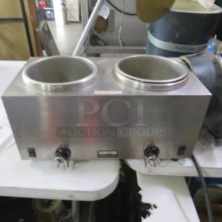 Server Twin Warmer, Model TWIN FS, stainless steel with dual 9x9 wells, 120 Volt, excellent condition, brand label visible.