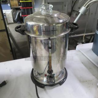 Hamilton Beach 60 Cup Coffee Brewer, Model 55060, stainless steel with glass knob, visible power cord, and gauges.