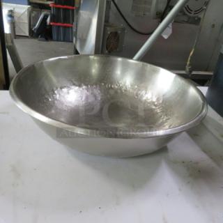 18.5-inch stainless steel mixing bowl, slightly worn finish, deep and round shape, suitable for kitchen or industrial use.
