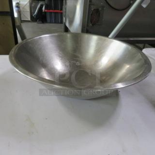 15-inch stainless steel mixing bowl, gently used, with a smooth finish ideal for kitchen tasks.