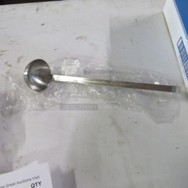 New 2oz stainless steel ladle with long handle, stamped with "2oz / 59ml," in pristine condition.