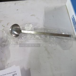 New 2oz stainless steel ladle with long handle, stamped with "2oz / 59ml," in pristine condition.