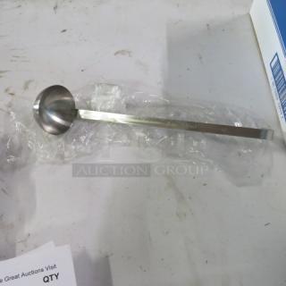 New 2oz stainless steel ladle, featuring a long handle with "2XBID" marking. Pristine condition, suitable for serving.