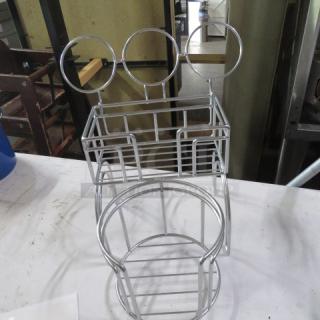 NEW Tabletop Chrome Condiment Caddy with three circular holders, silver finish, sturdy metal design, ideal for kitchens or dining areas.