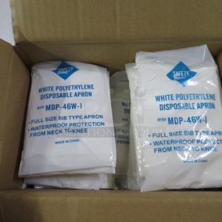 Box of disposable aprons, Safety Zone brand, white polyethylene, model MDP-46W-I, waterproof bib style, new condition.