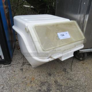 Winco Ingredient Bin in white, slightly worn, hinged lid with label "154". Suitable for storage and kitchen use.