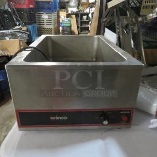 Winco FW-S500 food warmer, 120 Volt, stainless steel, used condition with visible controls and branding on front.