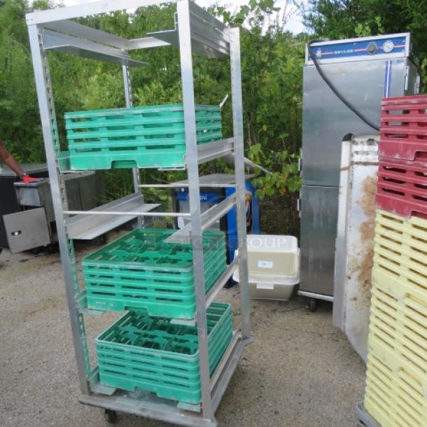 Metro Aluminum Adjustable Rack on Casters with 3 Dishwasher Racks, Model RD78NA33, 24.5x26x69.5, used condition.