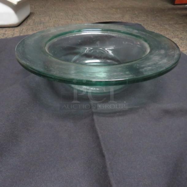 Glass serving bowl, 13-5/8 inch diameter, new condition, model #1S4022. Clear design with wide rim.