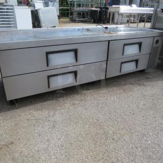 True 4-drawer refrigerated chef base, model TRCB-82-84-HC, 84"x32"x26", on casters, 115V, metal finish, working condition.