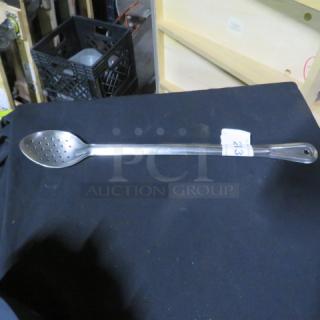 Long handle perforated stainless steel spoon, excellent condition, item no. 2XBID visible on handle tag.