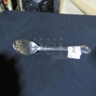 Perforated stainless steel spoon, model 3XBID, on black surface, excellent condition, with tag showing number 214.