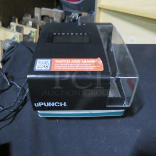 Upunch CR1000 time clock, black with clear cover, features an instructional QR code sticker on top, in good condition.
