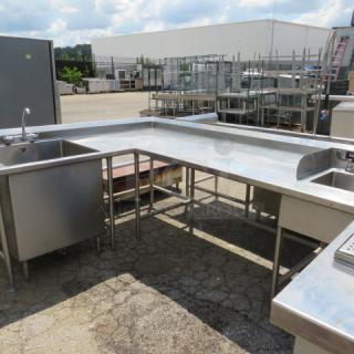 One L Shaped Stainless Steel Work Space With A Handsink With Faucet On 1 End, And 1 Deep Sink With Faucet On The Other End. 81X105X41. Handsink 10X14X8. Large Sink 28X28X28. - Item #1203529