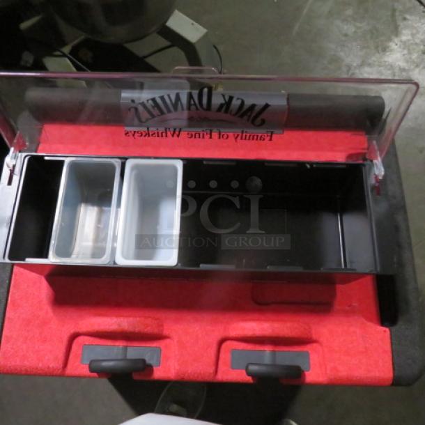 Jack Daniels domed bar center with branded top, red and black storage compartments, and two removable bins.