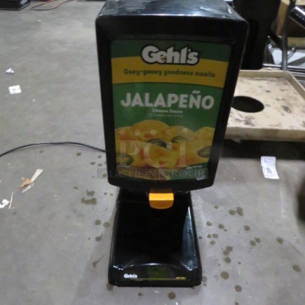 Gehls Nacho Cheese Dispenser, Model HT2-01, 120V, 8x14x23 inches, labeled for Jalapeño cheese sauce, black base, clean condition.