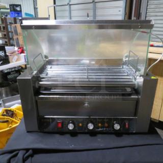 Rovsun hot dog roller, model NB-XCJ-G-7, stainless steel, 110V, 22.5"x13"x20", glass cover, excellent condition.