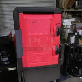 Metro MC400 portable food transport, red, used, visible locking handles, Metro logo embossed on front, minor scuffs.