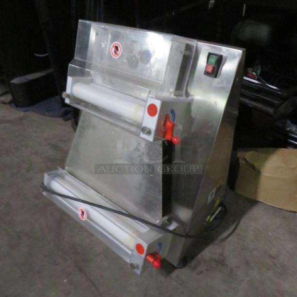 Avesta APD40 pizza dough roller, 110V, stainless steel, used condition. Features adjustable rollers, labeled controls.