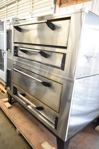 Marsal SD448 stainless steel single deck pizza ovens, natural gas, 95,000 BTU, with cooking stones, features dual oven doors.