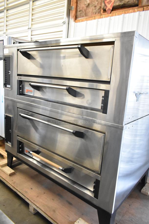 Marsal SD448 stainless steel commercial pizza ovens, dual stack, natural gas, 95,000 BTU, with cooking stones, new condition.