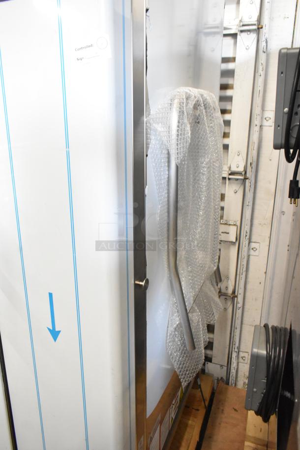 Brand new Blodgett BCT-202 stainless steel commercial combi oven in packaging. Features scratch on the side. Includes metal pan transport rack. 208V, 3 phase.
